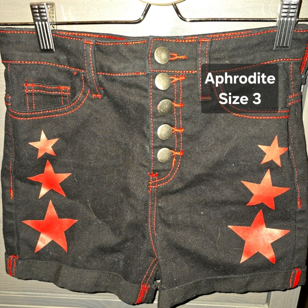 Black Denim Shorts with Red Star Accents